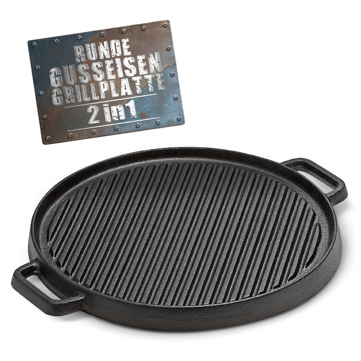 BBQ BOSS Gusseisen Grillplatte [2 in 1] Grillrost – Grillplatte rund – Platte für den Grill – wendba