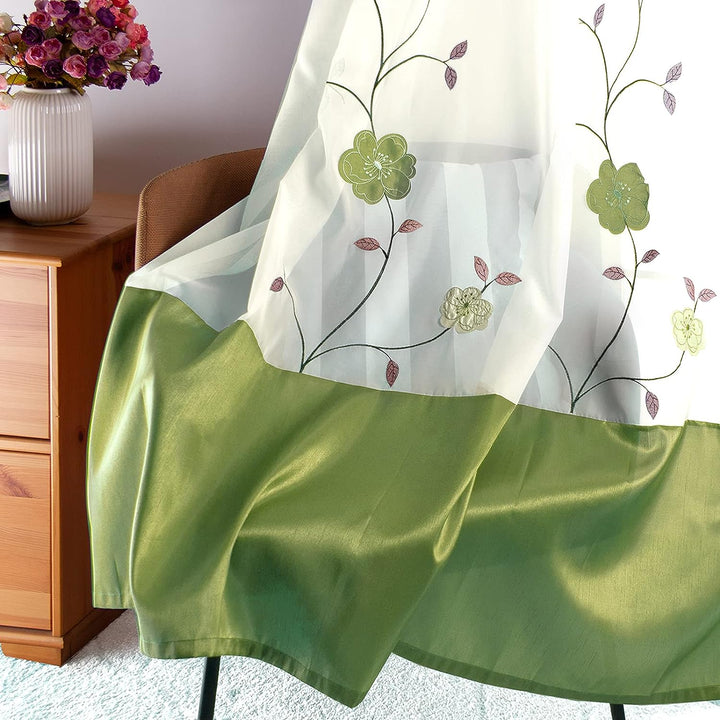 SIMPVALE Voile Curtains Panel Semi Transparent Sheer Window Net Curtains Floral Embroidered Drape wi