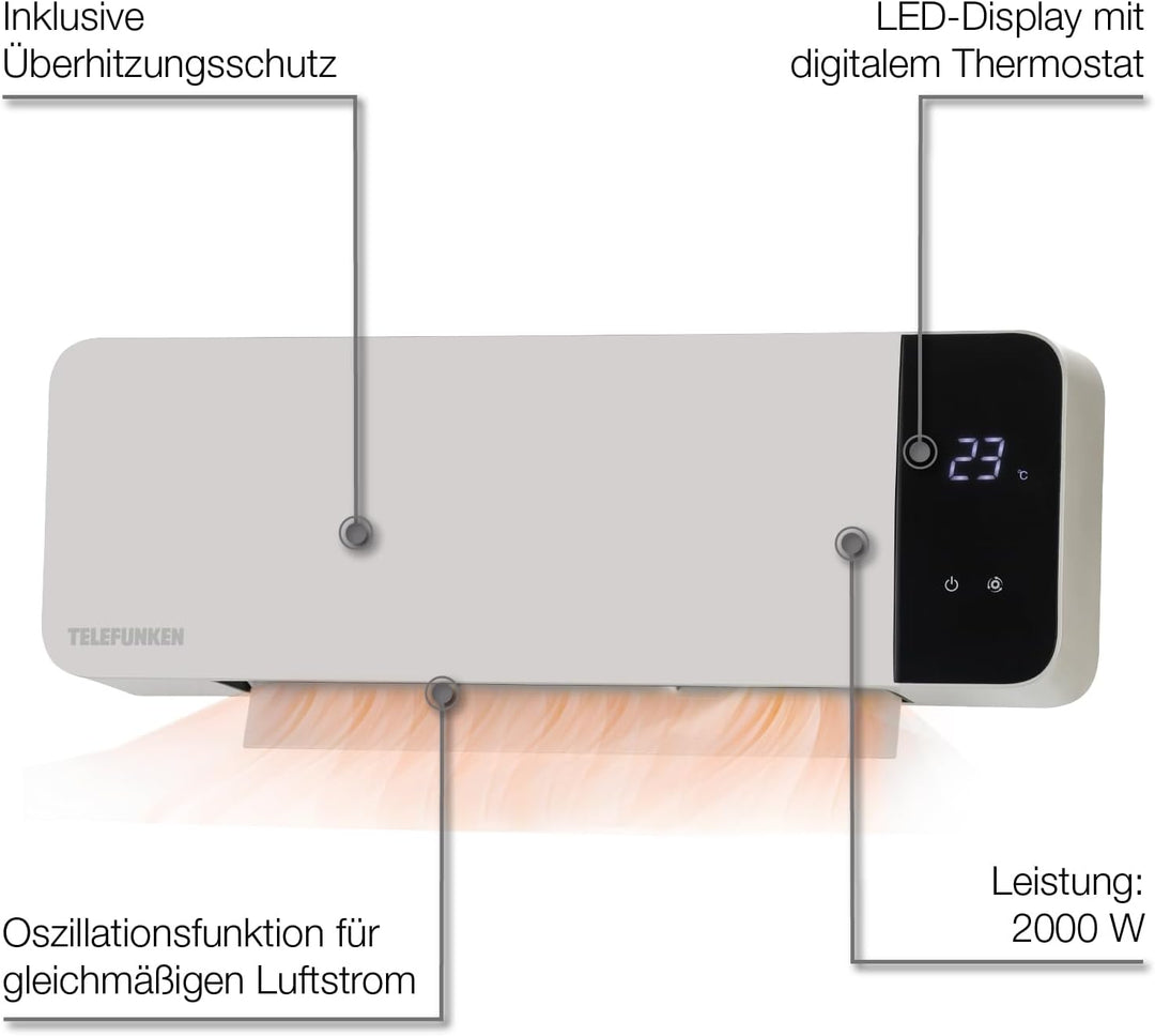 Telefunken Keramik Wandheizlüfter PTCWH-2000W | LED-Display mit digitalem Thermostat & Fernbedienung
