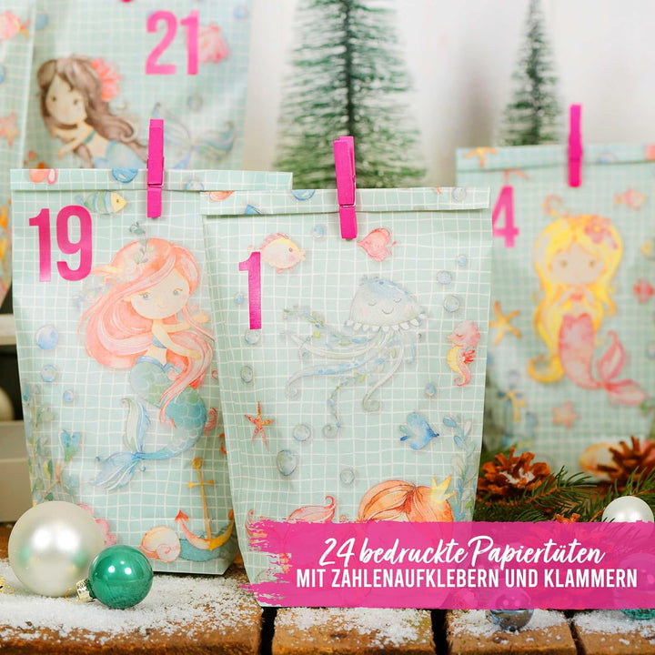 Papierdrachen Extravaganter Adventskalender zum Befüllen - mit 24 türkis bedruckten Geschenktüten un