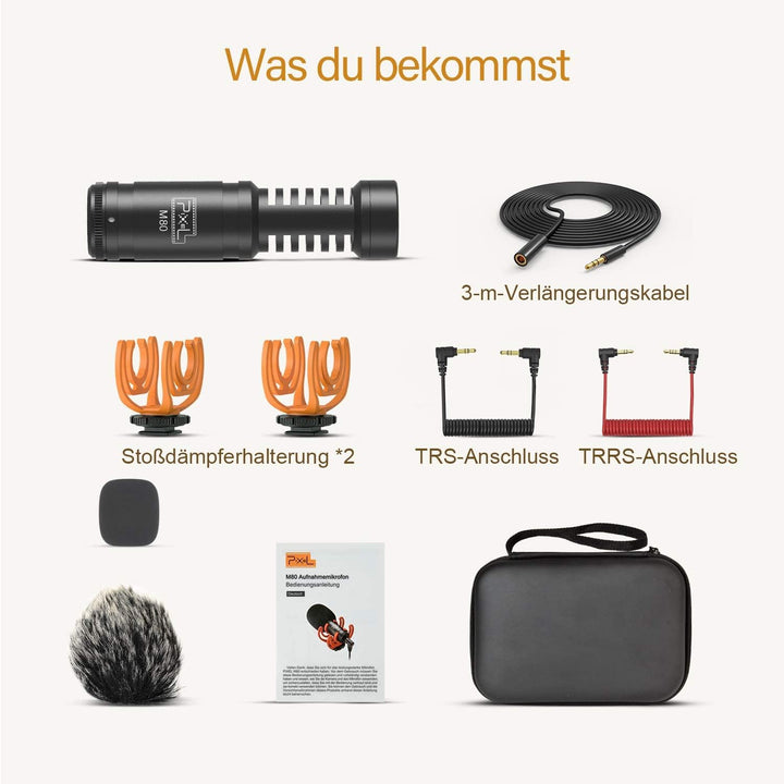 Pixel M80 Kamera Mikrofon mit 3-m-Verlängerungskabel, Shotgun Mikrofon, Professionelles Mikrofon für