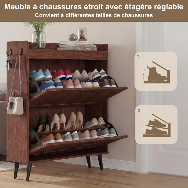 Schuhschrank Schmal mit 2 Klappschubladen, Landhausstil Schuhaufbewahrung für Flur Wohnzimmer, Kipps