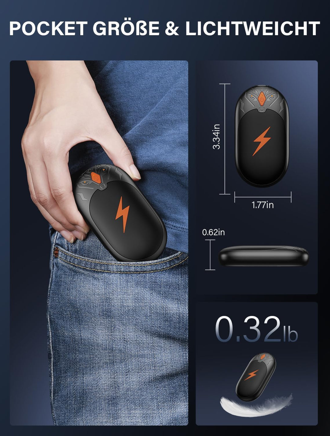 Handwärmer Elektrisch 2 Pack, Ultraleicht Taschenwärmer Wiederaufladbar, Tragbare Heizung 8000mAh, 3