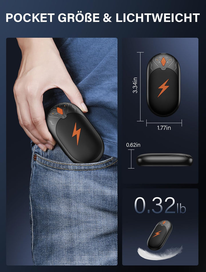 Handwärmer Elektrisch 2 Pack, Ultraleicht Taschenwärmer Wiederaufladbar, Tragbare Heizung 8000mAh, 3