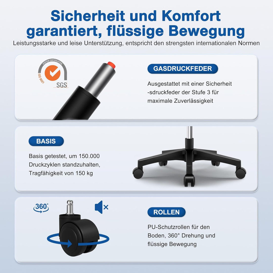 Bürostuhl,Bürostuhl Ergonomisch mit Verstellbarer Kopfstütze,Armlehnen und Lendenwirbelstütze, Schre