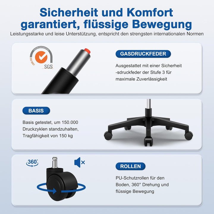 Bürostuhl,Bürostuhl Ergonomisch mit Verstellbarer Kopfstütze,Armlehnen und Lendenwirbelstütze, Schre