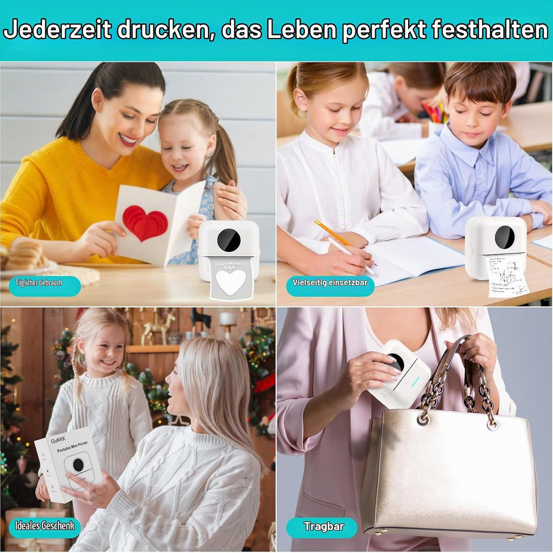 GuKKK Mini Drucker, Mobiler Fotodrucker, Tragbarer, Wireless Thermodrucker, mit 13 Rollen Druckerpap