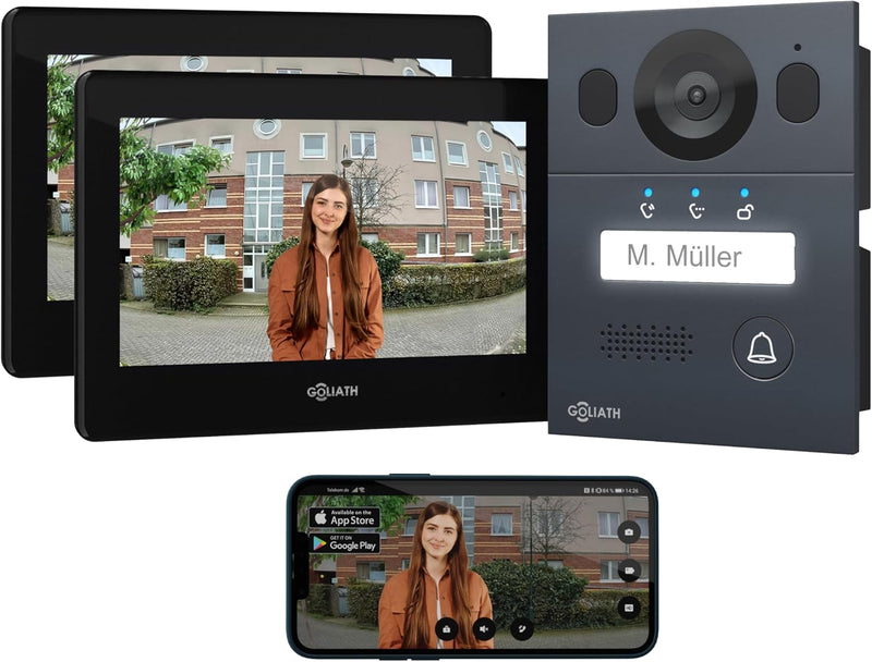 GOLIATH Basic Video Türsprechanlage, 2 Draht Bus, 2X 7 Monitor, Unterputz Türklingel mit Kamera, Geg
