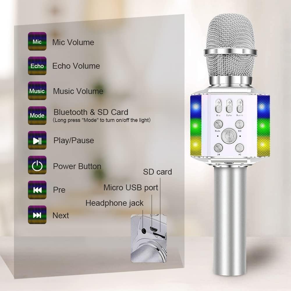BONAOK Mikrofon mit Lautsprecher Led, Tragbares 4 in 1 Mikrofon Kinder mit Aufnahmefunktion, Zuhause