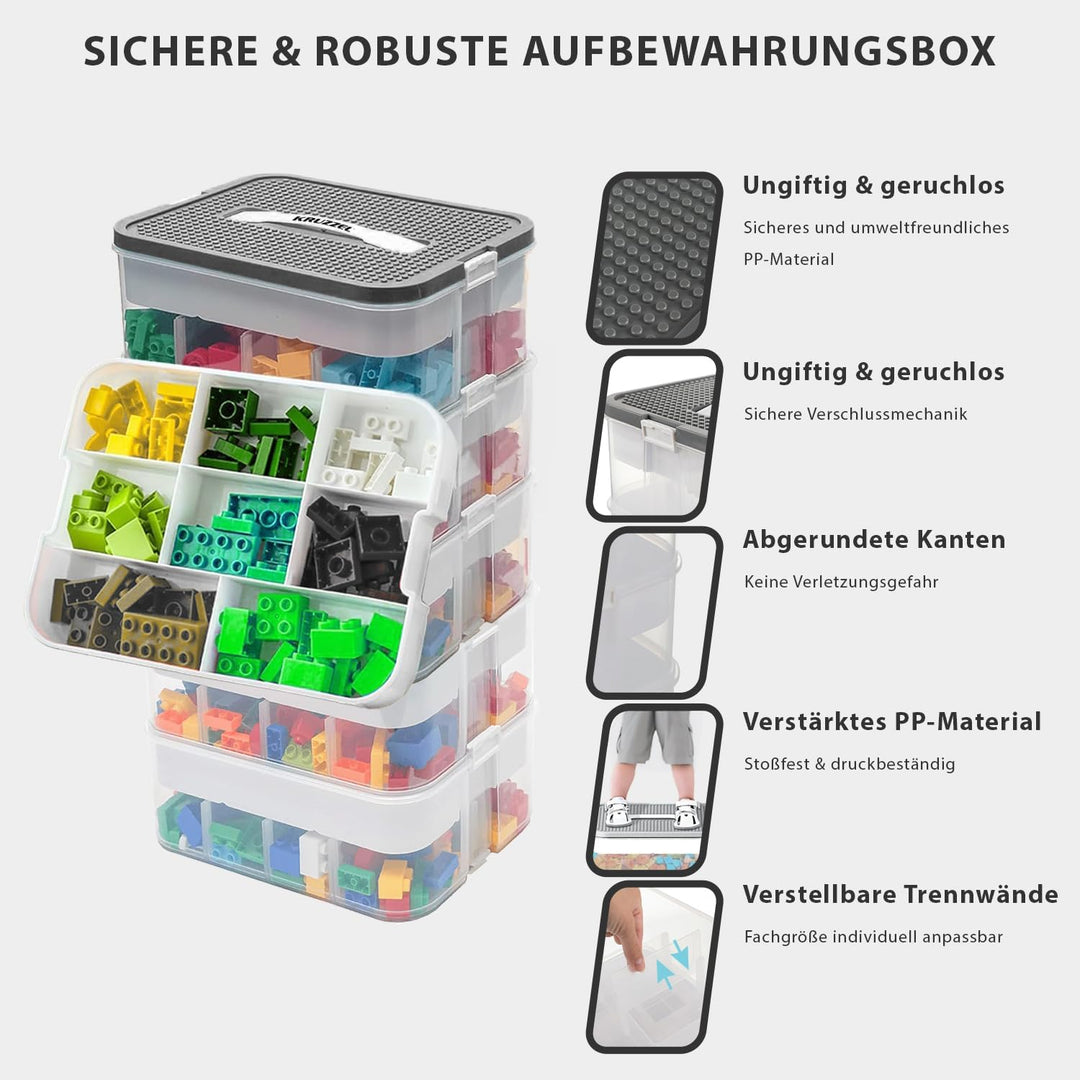 KRUZZEL Bausteine Aufbewahrungsbox 35L mit Griff & Trennwänden – 5 Etagen Stapelbox Transparent für