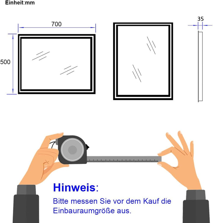 EMKE Badspiegel mit Beleuchtung 50x70cm Badezimmerspiegel mit Beschlagfrei, 2 Lichtfarbe, Kippschalt