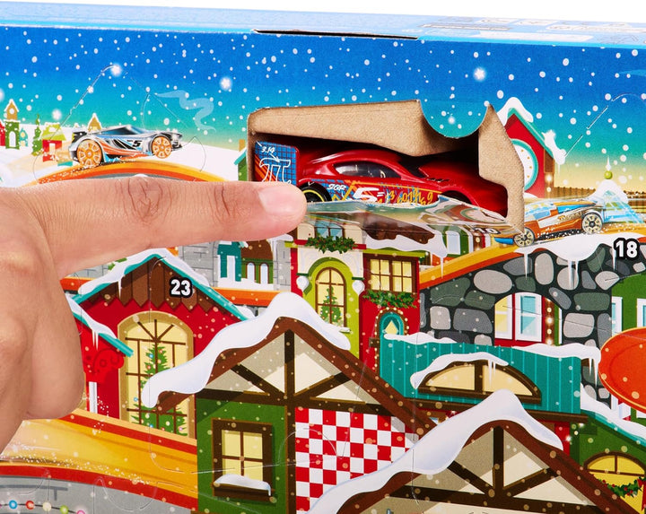 HOT WHEELS Adventskalender 2023 - 8 Hot Wheels Autos und 16 winterliche Zubehörteile hinter 24 numme