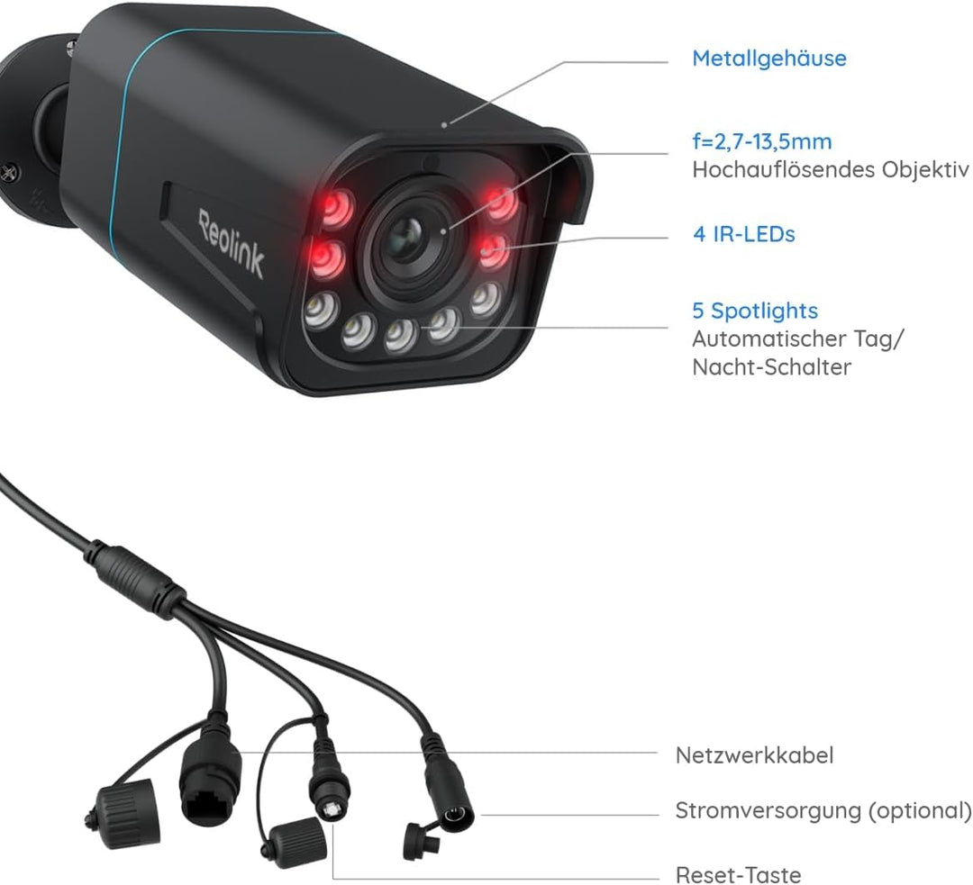 Reolink 4K PoE IP Kamera Outdoor mit Personen-/Autoerkennung, 5X optischer Zoom Überwachungskamera A
