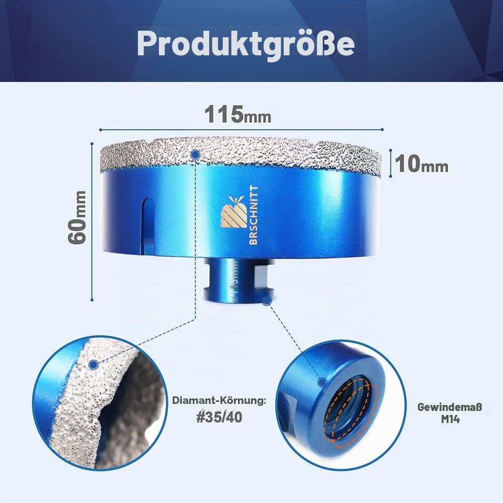 Diamant Fliesenbohrer 115mm - M14 Diamantbohrer Lochsäge für Fliesen Porzellan Keramik Marmor Granit