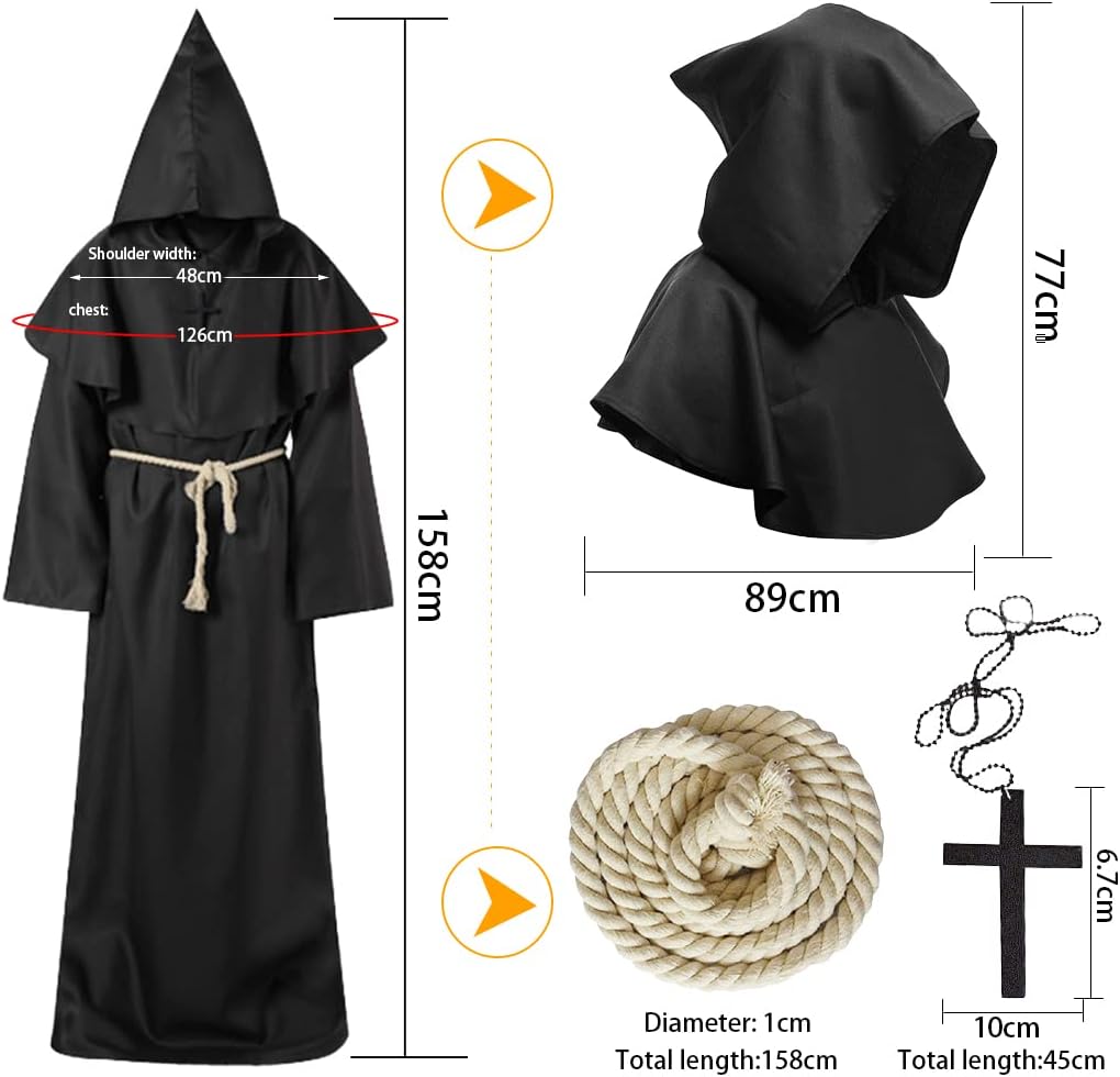 Mönch Robe, L Mittelalterliche Renaissance Robe, Kostüm Mönch mit Kapuze und Kordel, Schwarz Männer