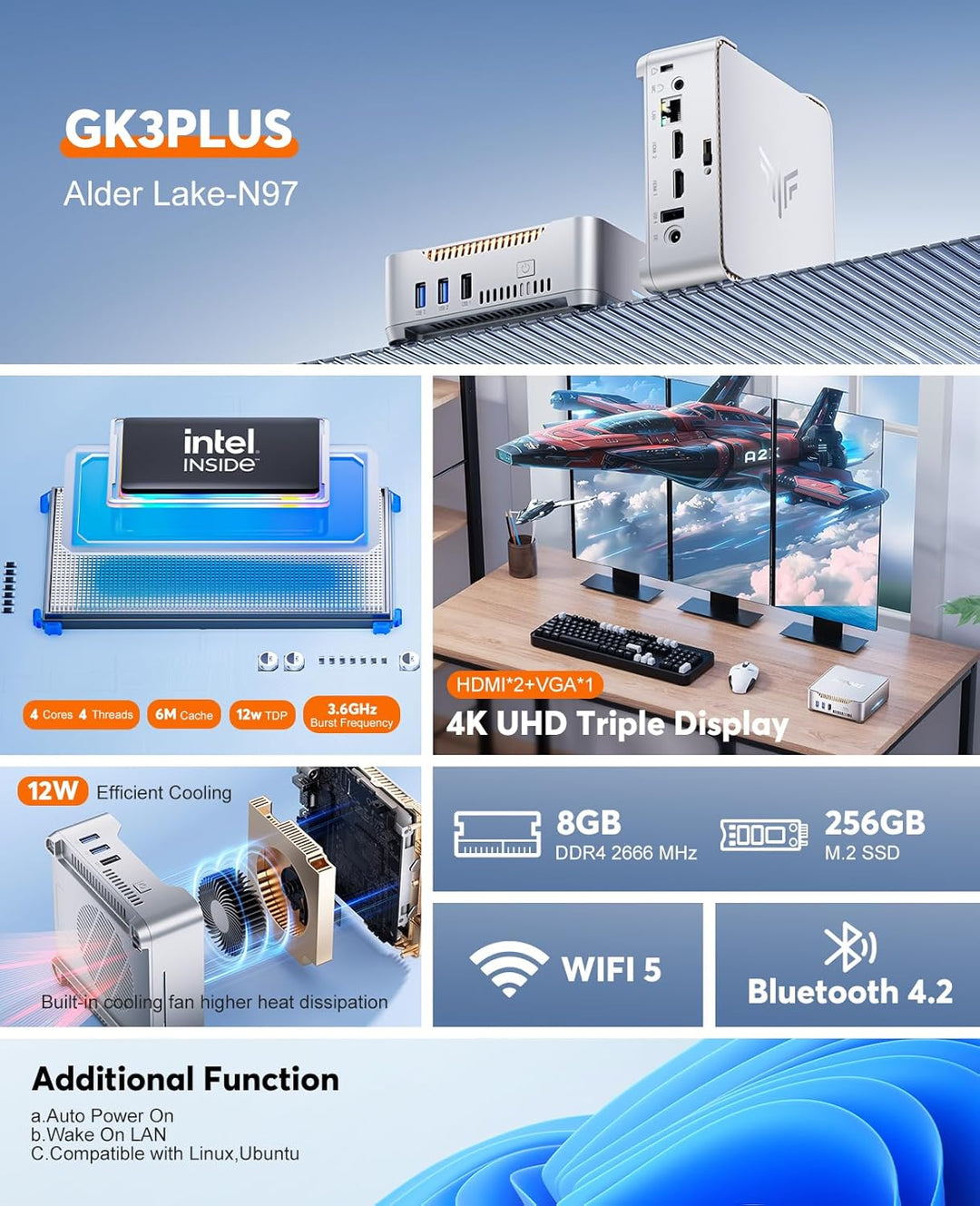 NiPoGi GK3 Plus Mini PC Ιntel Alder Lake-N97(bis zu 3,6 GHz), 8GB DDR4 256GB M.2 SSD Mini Desktop Co