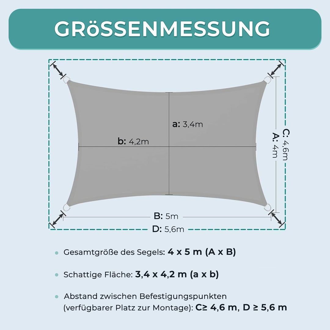 Dripex Sonnensegel wasserdicht Sonnenschutz Set 4X5 m inkl Befestigungsseile Rechteckig Polyester Im