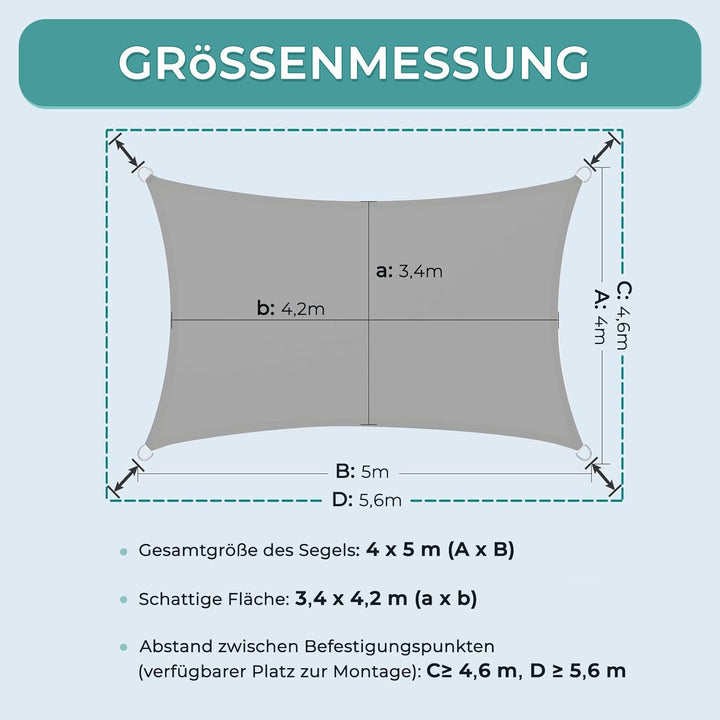 Dripex Sonnensegel wasserdicht Sonnenschutz Set 4X5 m inkl Befestigungsseile Rechteckig Polyester Im