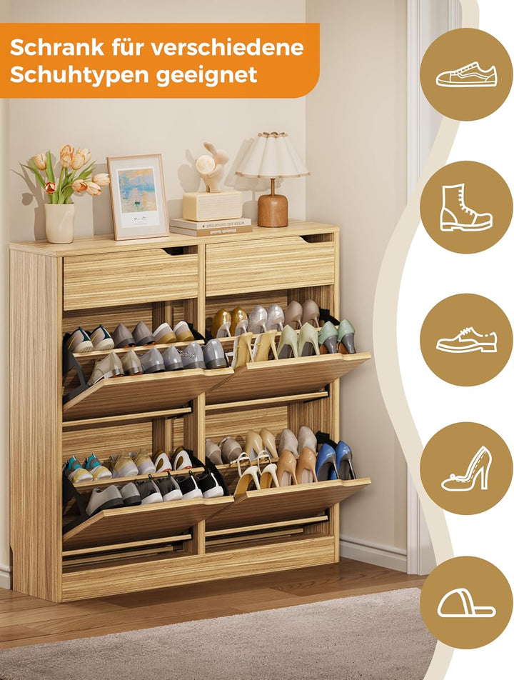 IRONCK Schuhschrank mit 4 Klappen, Schuhkipper Schmal mit 2 Schubladen, freistehendes Schuhregal, Sc