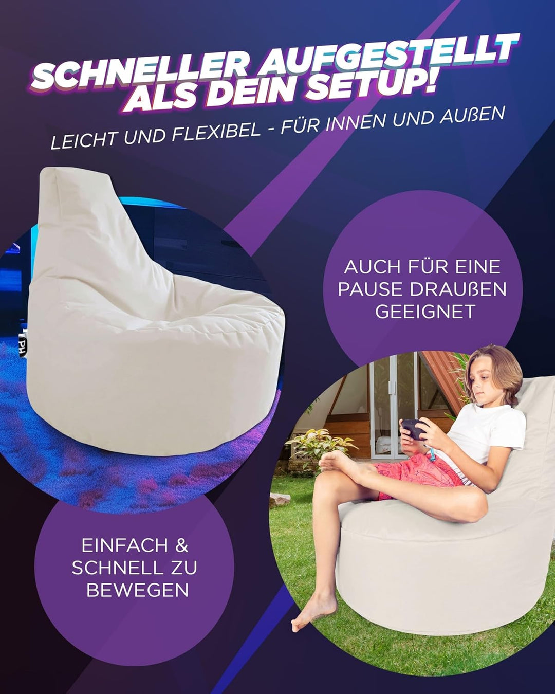PATCH HOME Gamer Kissen & Lounge Sitzsack – befüllbar mit Reissverschluss, gefüllt mit Styropor, gee
