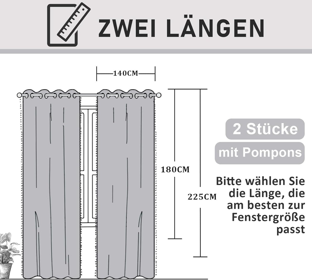 Treatmentex Blickdicht Vorhang mit Pompons Grau Vorhang mit Ösen Landhausstil Wärmeisoliert Thermovo