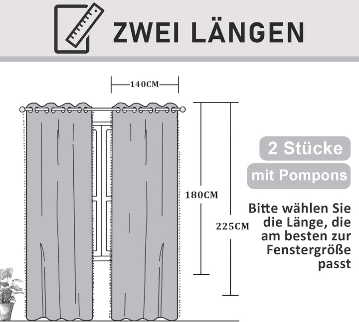 Treatmentex Blickdicht Vorhang mit Pompons Grau Vorhang mit Ösen Landhausstil Wärmeisoliert Thermovo