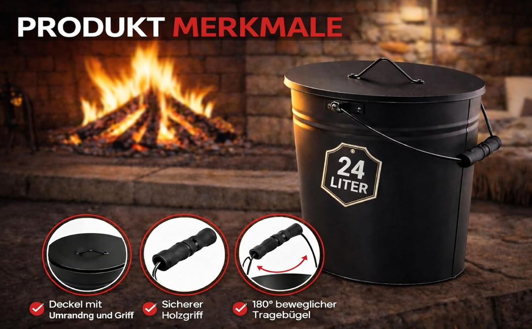 El Fuego® Ascheeimer 24 Liter – Aschebehälter aus robustem Metall gefertigt – Kamin- & Ofen-Zubehör