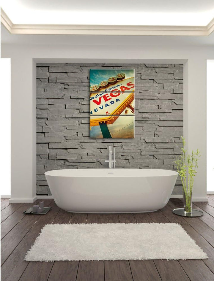 Pixxprint Las Vegas Retro Look als Leinwandbild/Grösse: 3 Teilig (120x80) cm/Wandbild/Kunstdruck/fer