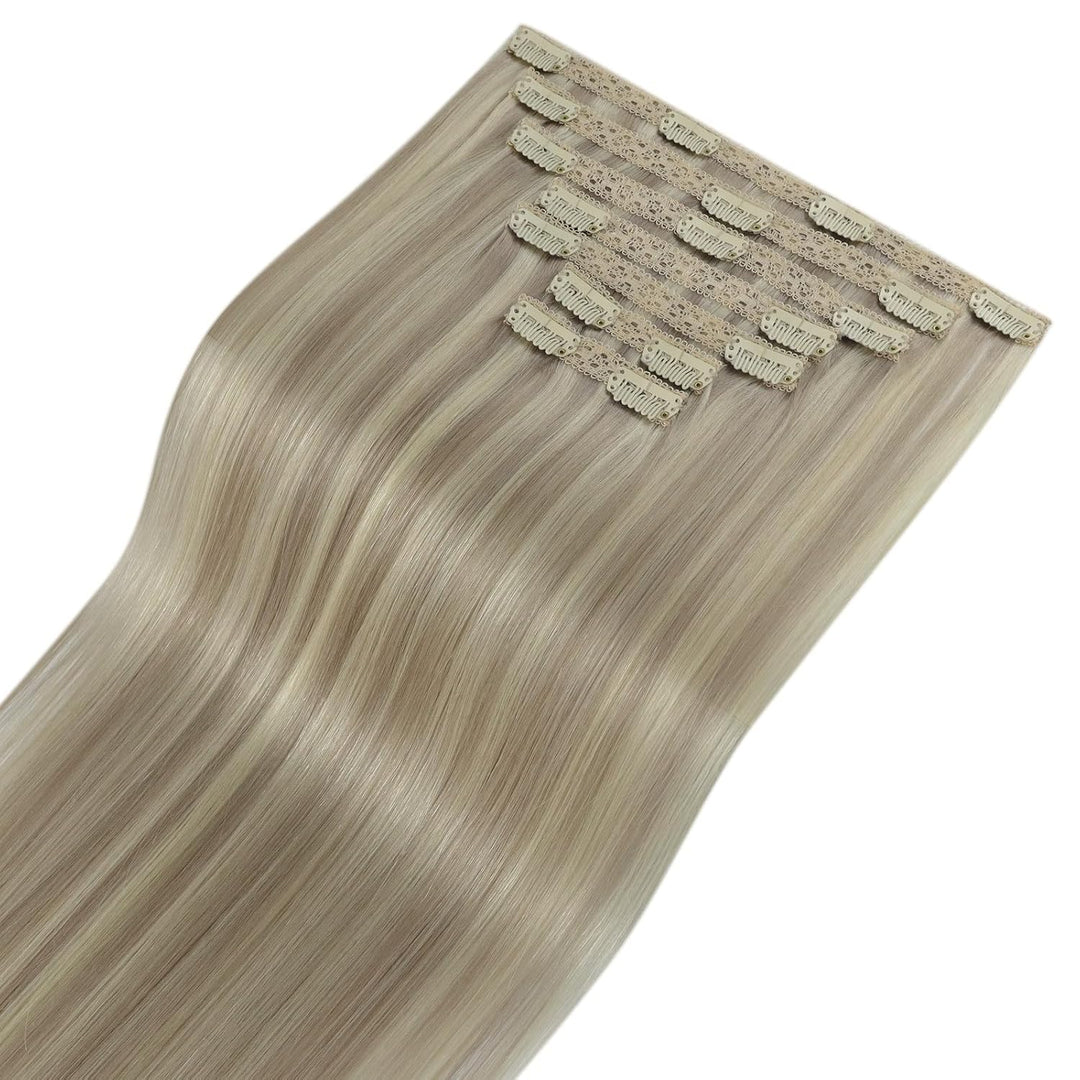 Fshine Echthaar Extensions Clip 35cm 120g Aschblondes Highlight mit Bleichblond Clip in Extensions E
