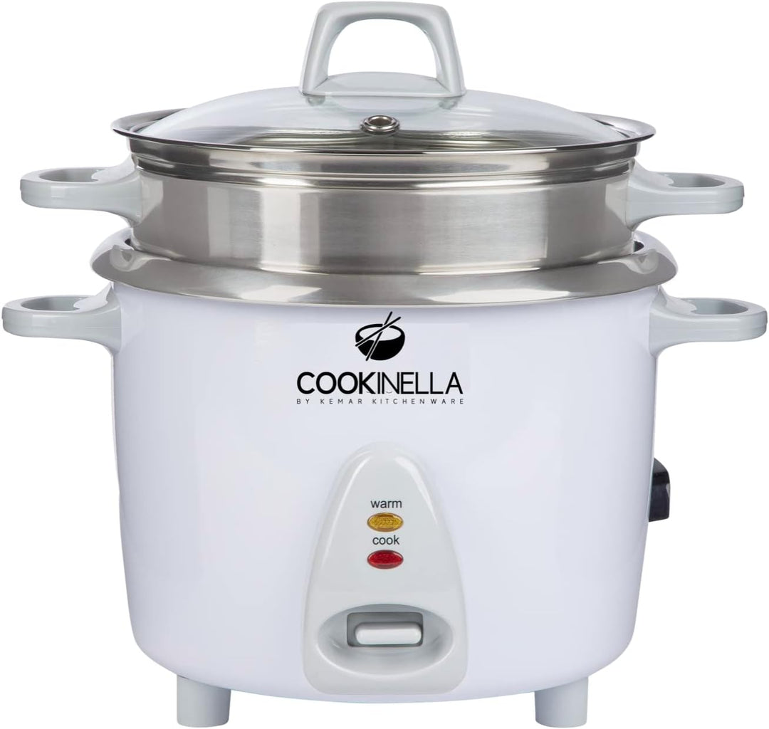KeMar Kitchenware KRC-200 Reiskocher Edelstahltopf (1,4L, 500W, Weiss) | Glasdeckel | Bambuslöffel,
