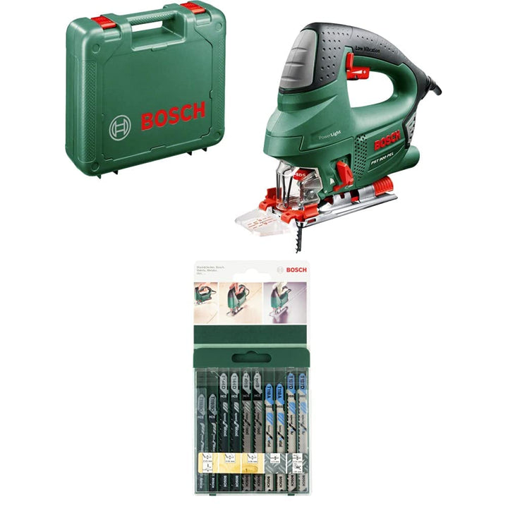 Bosch Stichsäge PST 900 PEL (Hubzahl bei Leerlauf 500 bis 3100 U/min, in Kunststoffkoffer) + 10tlg.
