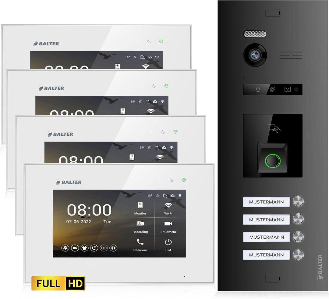 Balter EVO-HD Video Türsprechanlage mit Fingerprint, Video Türklingel, 4 Familienhaus, 3X 7 Zoll Mon