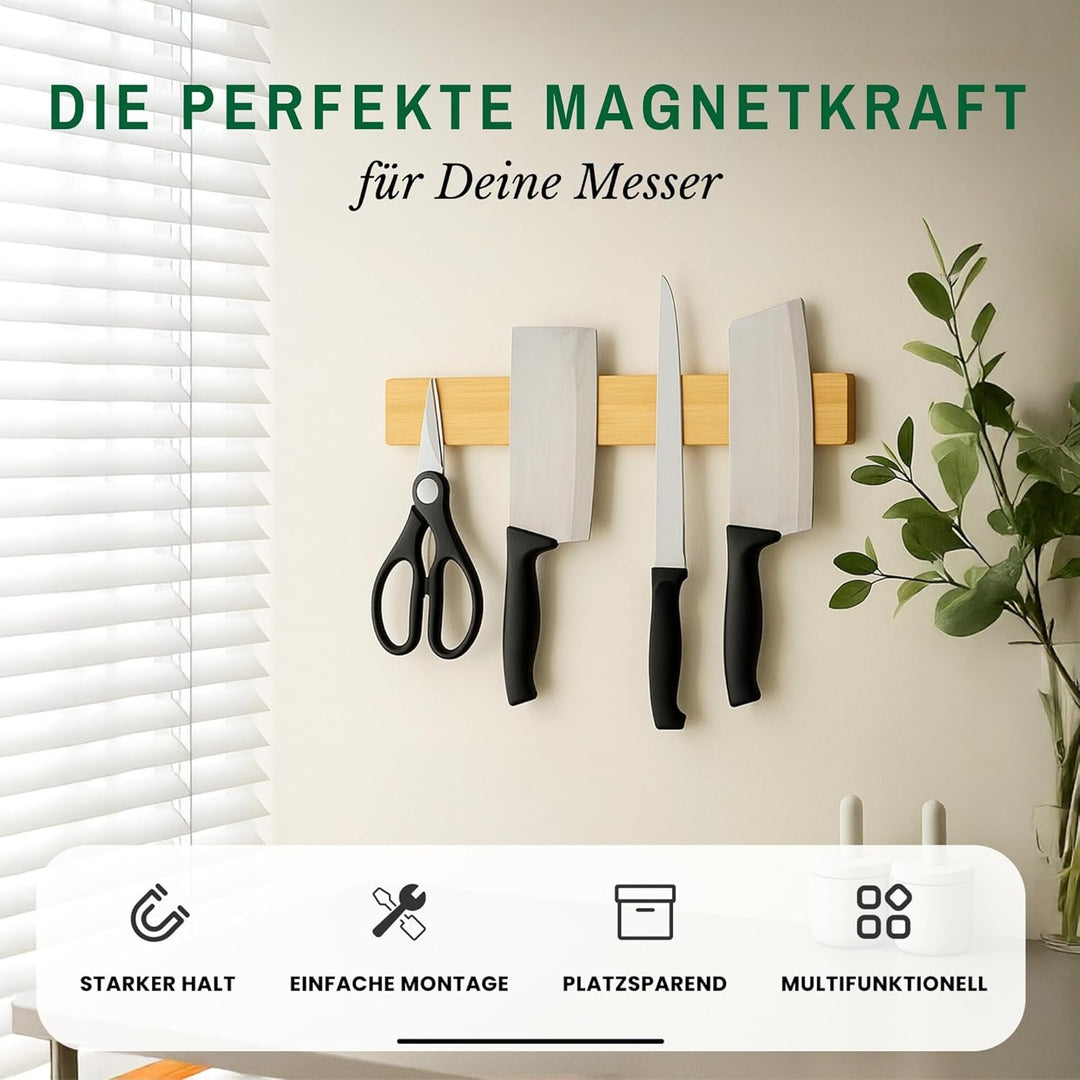 CHEFGASTRO Magnetleiste magnetische Messerleiste Messerhalter aus Bambus, 6,2x40x2,1cm, mit 3 silber