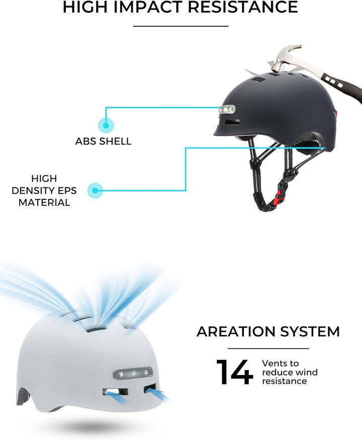 Fahrrad oder Elektrorollerhelm mit Rotem Warnlicht + weissem Frontlicht. Fahrradhelm, Skate, Schlitt