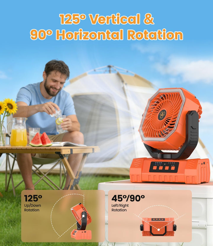 Camping Ventilator, 20000mAh Tragbarer Ventilator Akku mit LED Licht & Fernbedienung, Haken, USB Ven