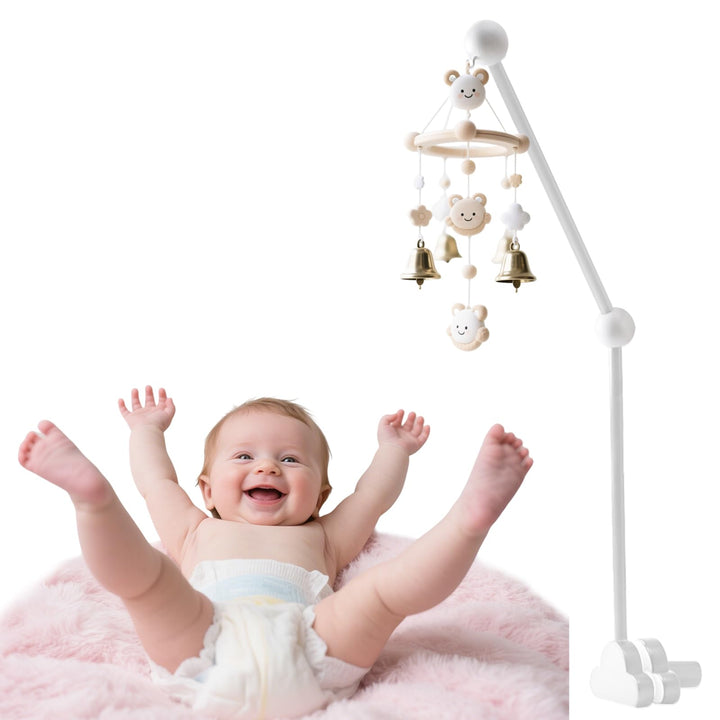 Mobile Halterung Holz für Babybett, Weiss Wolken Design, Höhenverstellbarer Baby Mobile Ständer, Kin