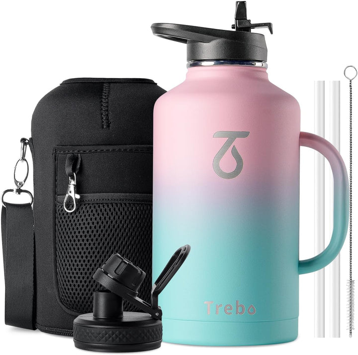 Trebo 1,8 l Wasserflasche isoliert mit Strohhalm und 2 Deckeln, doppelwandig, Vakuum, Edelstahl, Met