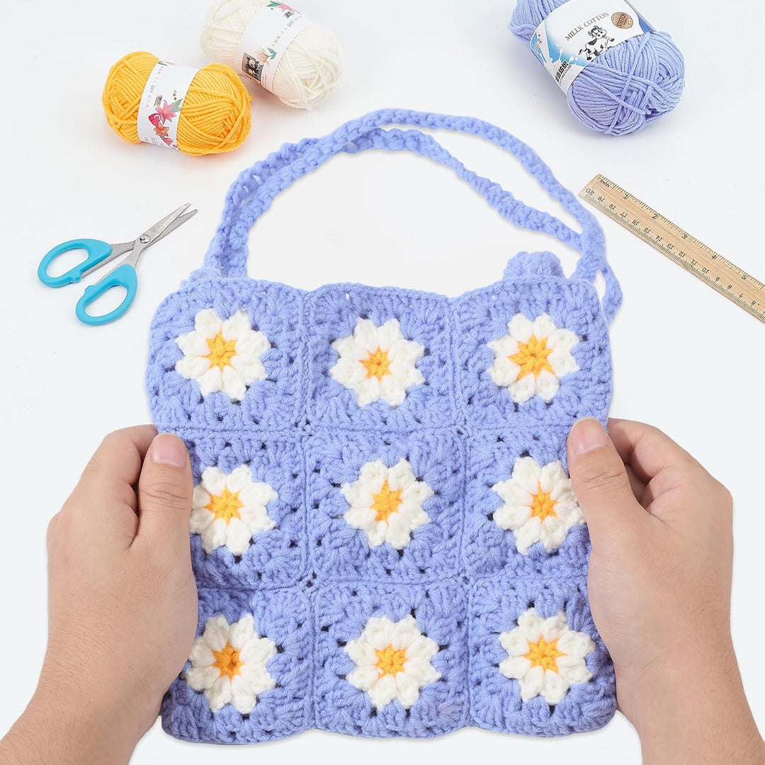 ORIGACH DIY Gänseblümchen-Häkel-Tragetaschen-Set für Anfänger, Floral Crochet Granny Square Handmade