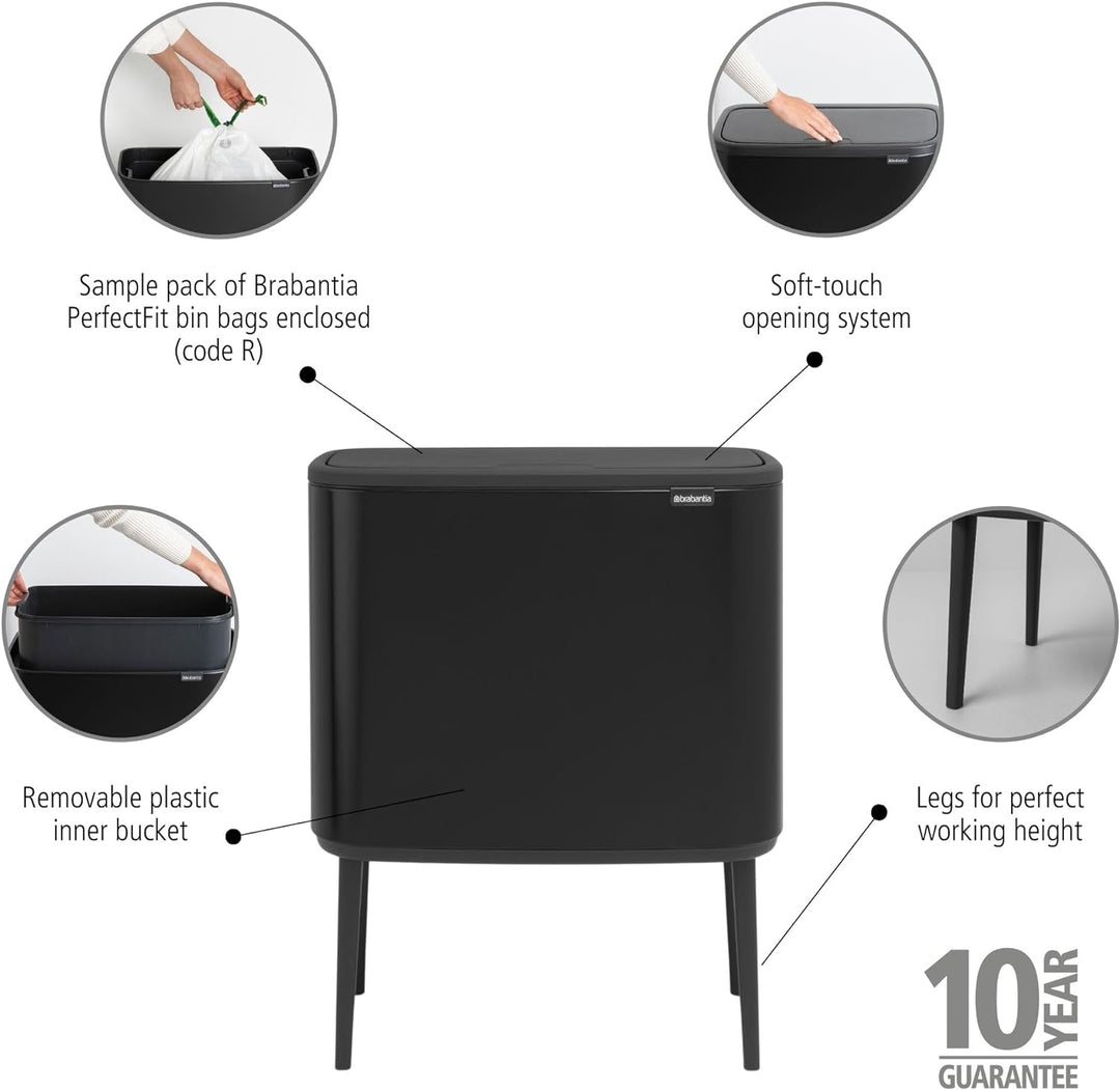 Brabantia 315824 Bo Touch Bin, 36 L Abfalleimer, Edelstahl, Schwarz, 54 x 31.5 x 68 cm Schwarz 36 Li