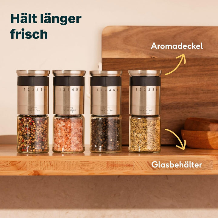 SILBERTHAL Pfeffer- & Salzmühle 2er Set – Mit aussenliegendem Einstellring - 6-Stufen-Mahlwerk, lang