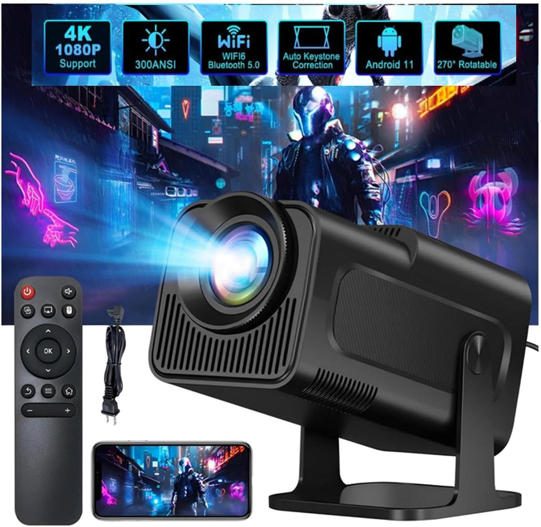 Beamer, Mini Beamer Bluetooth WiFi 1080P Full HD Beamer 4K Support, Projektor Auto Trapezkorrektur E