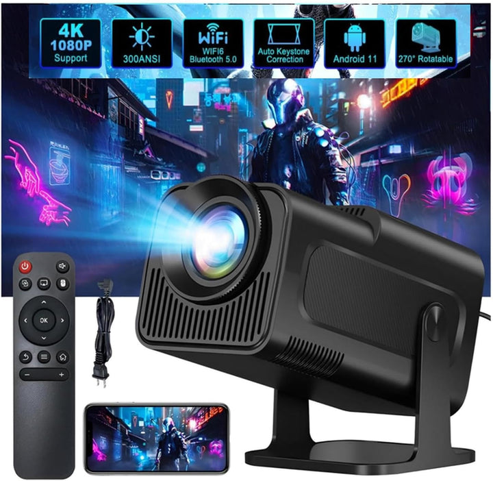 Beamer, Mini Beamer Bluetooth WiFi 1080P Full HD Beamer 4K Support, Projektor Auto Trapezkorrektur E