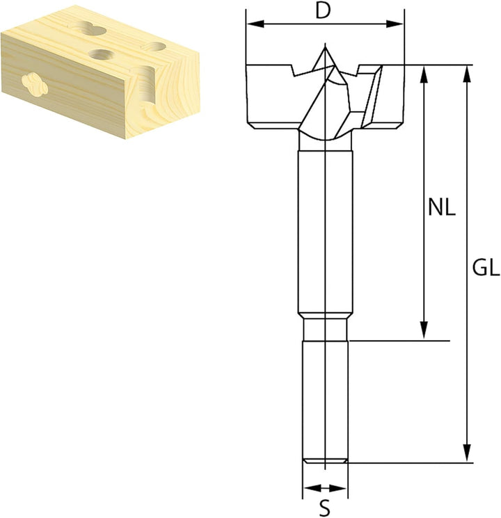 ENT 40208 Forstnerbohrer Premium WS, Durchmesser (D) 8 mm, NL 60 mm, GL 90 mm, S 6 mm D=8 / NL=60 /