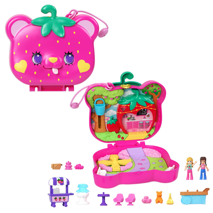 POLLY POCKET Erdbeer Bärchen Schatulle - inklusive 2 Puppen, 12 Accessoires und 5 Motiven zum Geschi