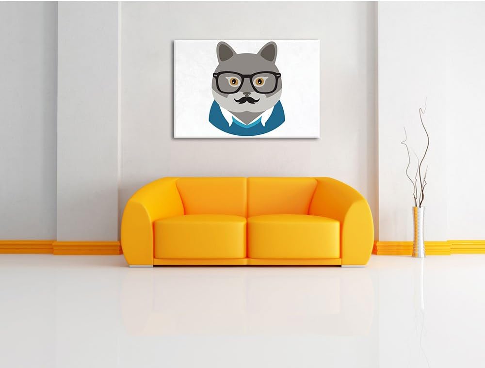 Pixxprint Hipster Katze mi Brille und Schnurbart(Chartreux) weiss, Format: 100x70 auf Leinwand, XXL