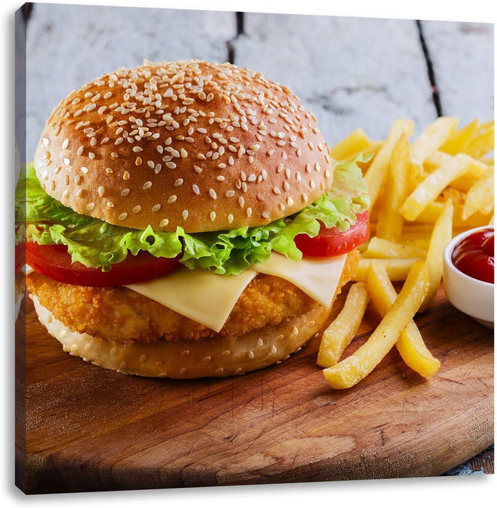 Chickenburger mit Pommes, Format: 70x70 auf Leinwand, XXL riesige Bilder fertig gerahmt mit Keilrahm