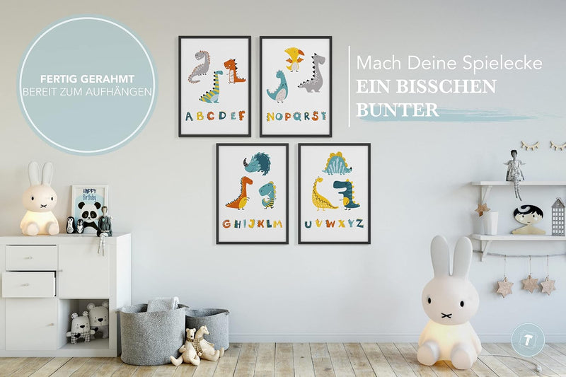 Papierschmiede® Kinderbilder 4er Set, A4 gerahmt in Holzrahmen (schwarz), Geschenk für Jungen Wandde