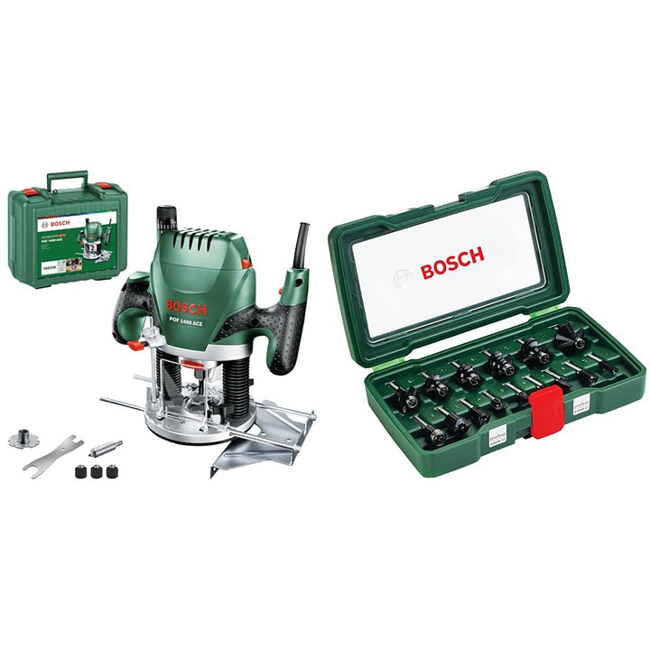 Bosch Oberfräse POF 1400 ACE (3 x Spannzange, Fräser, Parallelanschlag, Absaugadapter, Koffer) + 15t