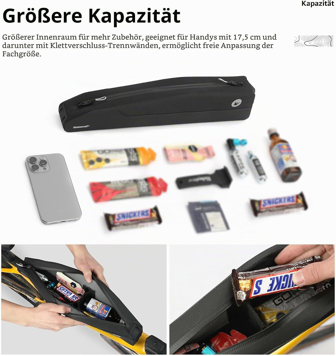 Rhinowalk Fahrrad Oberrohrtasche 2.0L – wasserdichte Lange Rahmentasche mit Reissverschluss – Montag