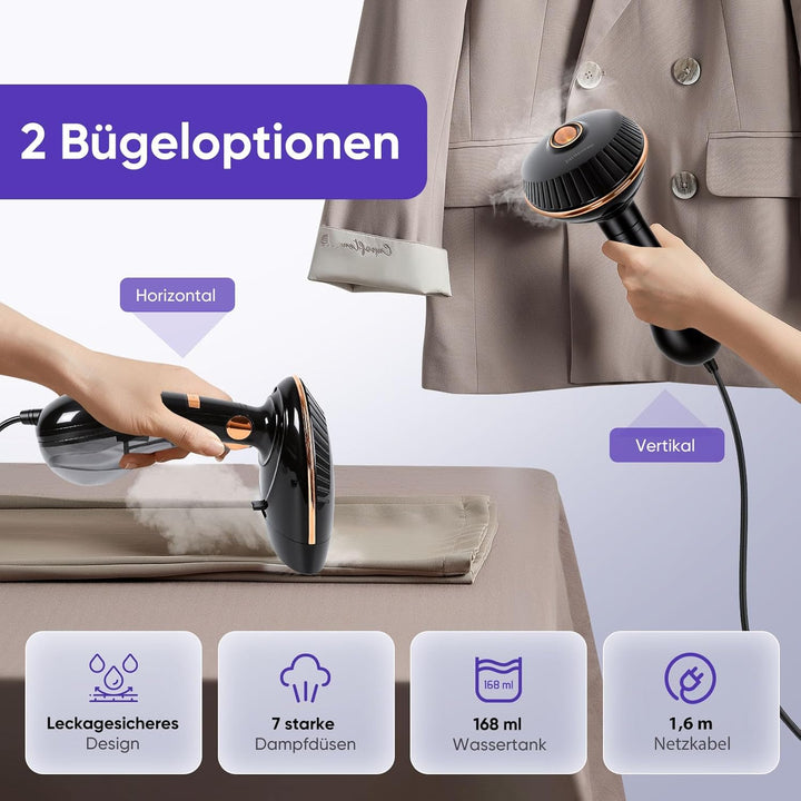 Steamer Dampfglätter - 1500 W & 168 ML Wassertank | Faltbar & Handheld Reise Dampfglätter mit 25 g/m